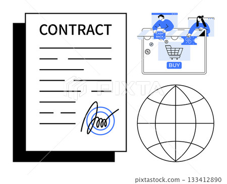 Contract with signed agreement, globe, and e-commerce symbols such as shopping cart and cashback offers. Ideal for business, digital transactions, online shopping, global trade, agreements 133412890