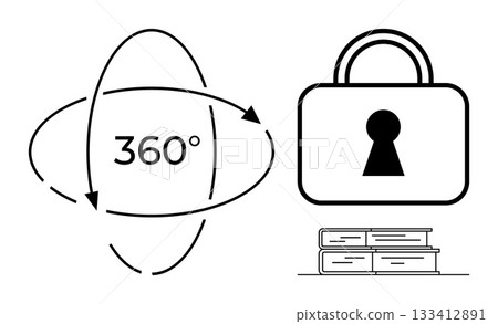 360-degree rotation arrows, security lock with keyhole, and stack of books. Ideal for security, education, knowledge, comprehensive understanding, privacy rotation concepts and online courses. Line 360-degree rotation arrows, security lock with keyhole, and stack of books. Ideal for security, education, knowledge, comprehensive understanding, privacy rotation concepts and online courses. Line 133412891