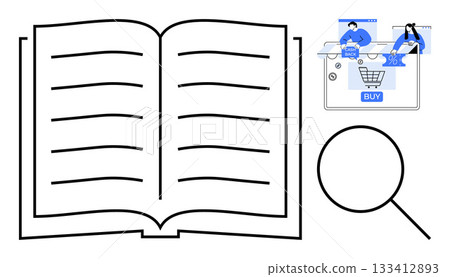 Open book with lines representing text, online shopping cart with people icons and Buy button, and large magnifying glass. Ideal for education, research, online shopping, e-learning, reading, digital 133412893