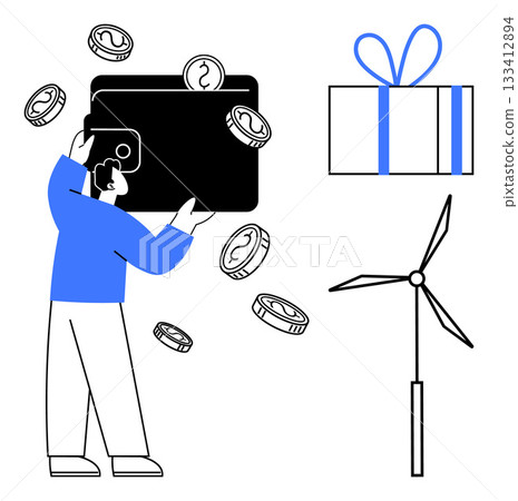 Person holding a large wallet with coins, wind turbine, and gift box. Ideal for finance, savings, renewable energy, gift-giving, investment eco-friendly concepts economic growth. Line metaphor Person holding a large wallet with coins, wind turbine, and gift box. Ideal for finance, savings, renewable energy, gift-giving, investment eco-friendly concepts economic growth. Line metaphor 133412894