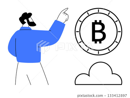 Person in blue shirt pointing at Bitcoin symbol with cloud icon. Ideal for cryptocurrency topics, fintech, digital currency, blockchain technology, investment strategies, online finance, data 133412897