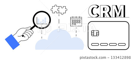 Hand with magnifying glass analyzing cloud CRM data, highlighting a puzzle piece, calendar, and credit card icons. Ideal for business analysis, cloud computing, CRM, data management, task planning Hand with magnifying glass analyzing cloud CRM data, highlighting a puzzle piece, calendar, and credit card icons. Ideal for business analysis, cloud computing, CRM, data management, task planning 133412898