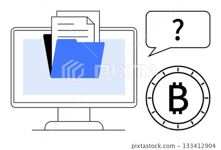 Computer monitor displaying documents emerging from a blue folder, speech bubble with question mark, Bitcoin symbol. Ideal for digital finance, cryptocurrency, data storage, online transactions 133412904