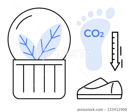 Leaf in glass dome connected to reduction graph, footprint labeled CO2, and eco-friendly shoe. Ideal for environmental sustainability, clean energy, carbon reduction, eco-friendly products, green 133412909
