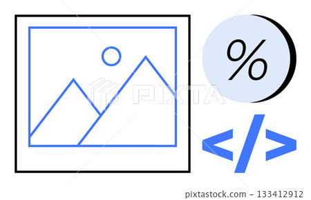 Geometric shapes depict mountains and sun, percentage symbol, coding brackets. Ideal for web design, data visualization, digital media, graphic design, education, presentations, software development 133412912