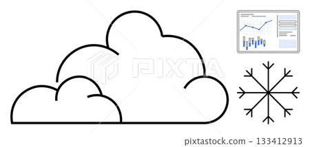 Cloud with snowflake icon and an analytics chart displaying various graphs. Ideal for weather forecasting, meteorology, data analysis, climate study, seasonal trends, environmental monitoring Cloud with snowflake icon and an analytics chart displaying various graphs. Ideal for weather forecasting, meteorology, data analysis, climate study, seasonal trends, environmental monitoring 133412913