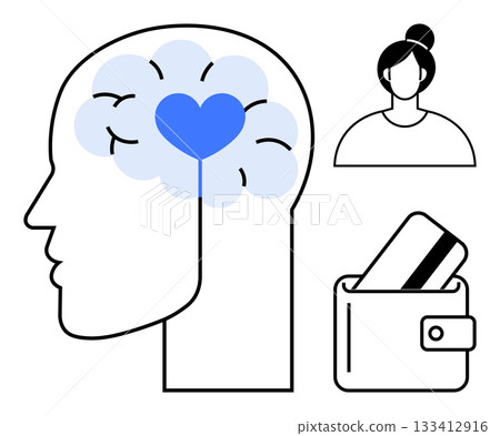 Human head profile with brain-heart symbol, female portrait, and credit cards in wallet. Ideal for mental health, finances, personal identity, well-being, psychology self-care education. Line Human head profile with brain-heart symbol, female portrait, and credit cards in wallet. Ideal for mental health, finances, personal identity, well-being, psychology self-care education. Line 133412916
