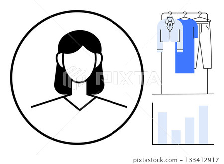 Female avatar, clothing rack with dresses and pants, and a bar graph. Ideal for fashion, personalization, profile creation, e-commerce, data analytics retail marketing social media. Line metaphor 133412917