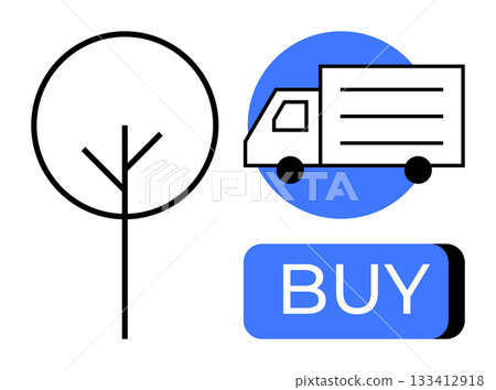 Line drawing of a tree, delivery truck over blue circle, and BUY button. Ideal for online shopping, e-commerce, eco-friendly delivery, retail, logistics, shipping, customer service themes. Line 133412918