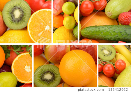 Assorted Fresh Fruits and Vegetables Collage Background Assorted Fresh Fruits and Vegetables Collage Background 133412922