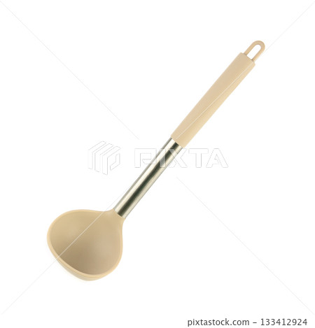Modern Beige Silicone Ladle with Stainless Steel Handle Isolated on White 133412924