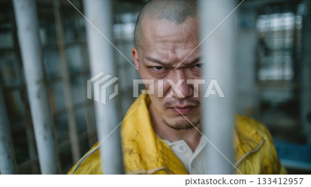 A shaved Japanese man shows an angry expression through the bars of a detention center A shaved Japanese man shows an angry expression through the bars of a detention center 133412957
