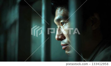The sad profile of an inmate gazing at the light outside through the bars The sad profile of an inmate gazing at the light outside through the bars 133412958