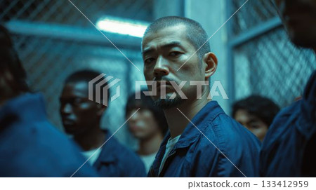 A bearded inmate turns around against a chain-link fence in a prison exercise yard A bearded inmate turns around against a chain-link fence in a prison exercise yard 133412959