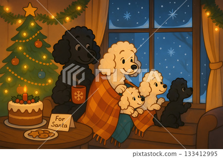 Cartoon Poodle Family Waiting for Santa Claus on Christmas Eve Cartoon Poodle Family Waiting for Santa Claus on Christmas Eve 133412995