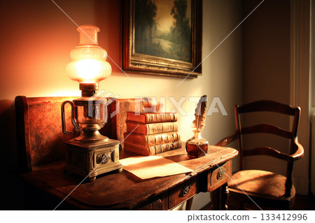 Vintage Desk Scene with Lit Oil Lamp, Quill Pen, and Old Books 133412996