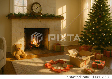 Cozy Christmas Morning with Fireplace, Presents, and Sunlight 133412997