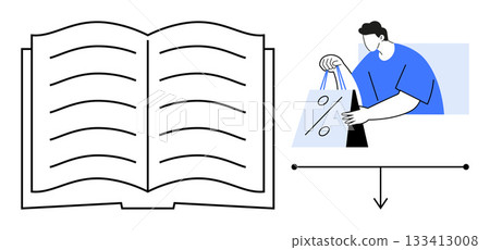 Open book with lines alongside person holding shopping bag with percentage symbol tag. Ideal for e-commerce, digital marketing, online education, consumer behavior, sales strategy, e-learning, market 133413008