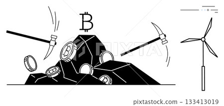 Pickaxes striking rocks with Bitcoin symbols emerging, wind turbine on side generating power. Ideal for blockchain, cryptocurrency, renewable energy, mining, sustainability, green technology, digital 133413019