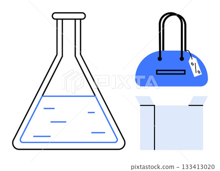 Laboratory flask with liquid, shopping bag with tag, and open box as main elements. Ideal for science, retail, packaging, e-commerce, experimentation education and business. Line metaphor 133413020