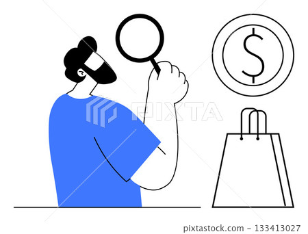 Man holding magnifying glass examining shopping trends, dollar sign, and shopping bag. Ideal for market analysis, consumer research, financial planning, e-commerce, retail strategy, business Man holding magnifying glass examining shopping trends, dollar sign, and shopping bag. Ideal for market analysis, consumer research, financial planning, e-commerce, retail strategy, business 133413027