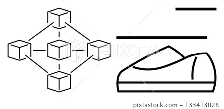 Blockchain network connected by lines beside artistic line drawing of a shoe. Ideal for technology, fashion, innovation, design, connection, network, and organization themes. Line metaphor Blockchain network connected by lines beside artistic line drawing of a shoe. Ideal for technology, fashion, innovation, design, connection, network, and organization themes. Line metaphor 133413028