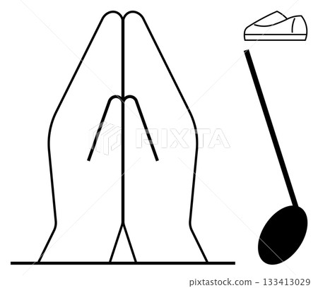 Praying hands aligned beside a spoon balancing a shoe. Ideal for themes of faith, spirituality, balance, minimalism, meditation, symbolism, and simplicity. Line metaphor Praying hands aligned beside a spoon balancing a shoe. Ideal for themes of faith, spirituality, balance, minimalism, meditation, symbolism, and simplicity. Line metaphor 133413029