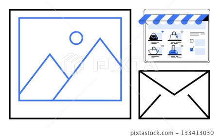 Digital marketing graphics with a photo gallery, online store with shopping cart, and envelope icon for email marketing. Ideal for e-commerce, business promotions, newsletters, digital strategies Digital marketing graphics with a photo gallery, online store with shopping cart, and envelope icon for email marketing. Ideal for e-commerce, business promotions, newsletters, digital strategies 133413030