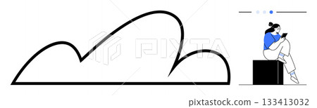 Person with bun hairstyle wearing blue top sits on a black cube, using a tablet next to a minimalist cloud drawing. Ideal for technology, cloud computing, remote work, digital life, personal gadgets Person with bun hairstyle wearing blue top sits on a black cube, using a tablet next to a minimalist cloud drawing. Ideal for technology, cloud computing, remote work, digital life, personal gadgets 133413032