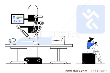 Robotic arms performing surgery on patient monitored by screen woman using tablet nearby. Ideal for healthcare, technology, medical innovation, futuristic design, surgery innovation, digital health 133413035