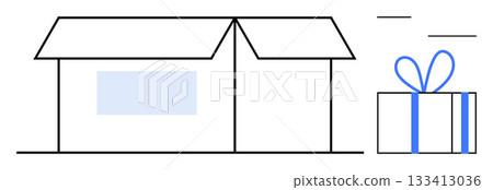 Open cardboard box with flap up and closed gift wrapped with blue ribbon and bow. Ideal for e-commerce, delivery services, celebrations, surprise events, packaging themes, and festive occasions. Line 133413036