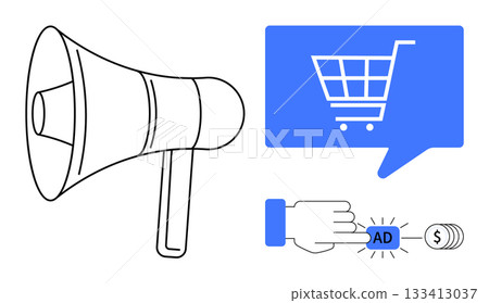 Megaphone, shopping cart inside speech bubble, hand clicking AD button with dollar sign. Ideal for digital marketing, e-commerce, online ads, consumer engagement, promotional strategy, business Megaphone, shopping cart inside speech bubble, hand clicking AD button with dollar sign. Ideal for digital marketing, e-commerce, online ads, consumer engagement, promotional strategy, business 133413037