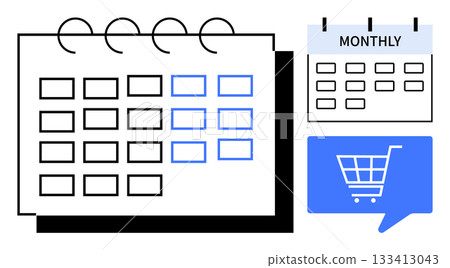 Calendar with black rings, grid layout, small monthly calendar, and a shopping cart icon in a blue speech bubble. Ideal for organizing, scheduling, planning, e-commerce, sales, marketing, time 133413043