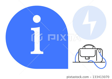 Letter i in bold within a blue speech bubble, a power symbol, and a briefcase connected by a wire. Ideal for business, technology, information, connectivity, productivity, digital tools, corporate 133413070