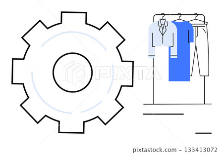 Large gear icon beside clothing rack with shirts, dress, and pants. Ideal for technology, fashion, automation, retail, e-commerce production innovation themes. Line metaphor 133413072