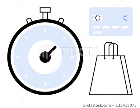 Stopwatch signifying time, credit card for contactless payment, and shopping bag for purchasing. Ideal for commerce, efficiency, time-saving, retail, modern shopping, contactless transactions Stopwatch signifying time, credit card for contactless payment, and shopping bag for purchasing. Ideal for commerce, efficiency, time-saving, retail, modern shopping, contactless transactions 133413073