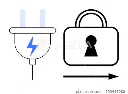Electrical plug with lightning symbol next to a padlock and arrow pointing right. Ideal for cybersecurity, electrical safety, energy conservation, smart home, IoT security, technology, awareness 133413080