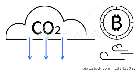 Cloud labeled CO2 emitting arrows downward. Bitcoin symbol next to flowing wind lines. Ideal for environmental awareness, cryptocurrency impact, carbon footprint, digital currency, climate change Cloud labeled CO2 emitting arrows downward. Bitcoin symbol next to flowing wind lines. Ideal for environmental awareness, cryptocurrency impact, carbon footprint, digital currency, climate change 133413082