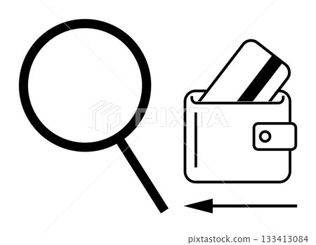 Magnifying glass inspecting wallet with a credit card sticking out. Black arrow pointing toward wallet. Ideal for finance, banking, fraud detection, audits, money management, security 133413084