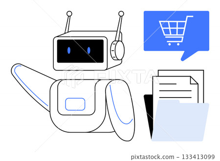 Robot presenting documents and speech bubble with shopping cart icon. Ideal for e-commerce, online shopping, AI marketing, automation, customer support, digital transactions, business operations 133413099