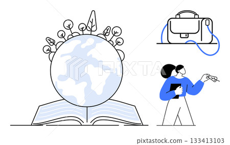Open book with globe and plants growing from it, briefcase and woman pointing with pencil. Ideal for education, environment, sustainability, global awareness, academic resources, female empowerment Open book with globe and plants growing from it, briefcase and woman pointing with pencil. Ideal for education, environment, sustainability, global awareness, academic resources, female empowerment 133413103