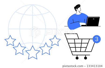 Customer working on laptop, global five-star rating, shopping cart with notification bubble. Ideal for online shopping, e-commerce, customer feedback, digital marketing, internet businesses, retail Customer working on laptop, global five-star rating, shopping cart with notification bubble. Ideal for online shopping, e-commerce, customer feedback, digital marketing, internet businesses, retail 133413104
