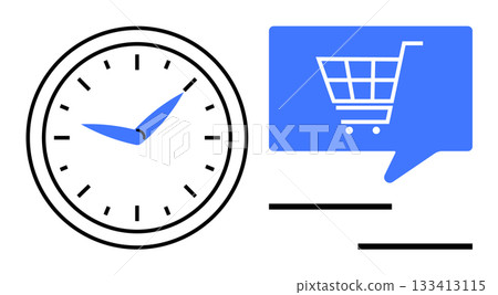 Clock with blue hands displaying time near a blue shopping cart icon within a dialogue bubble. Ideal for e-commerce, retail, time management, scheduling, marketing, customer service, efficiency 133413115