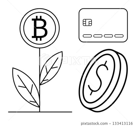 Plant with Bitcoin symbol, a credit card, and a dollar coin emphasizing digital currency, growth, and financial technology. Ideal for illustrating fintech, investments, e-commerce, savings 133413116