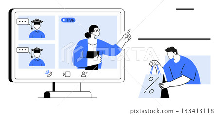 Teacher pointing at live conference screen with two students, accompanied by person holding online shopping bag. Ideal for e-learning, virtual classrooms, webinars, online shopping, remote Teacher pointing at live conference screen with two students, accompanied by person holding online shopping bag. Ideal for e-learning, virtual classrooms, webinars, online shopping, remote 133413118