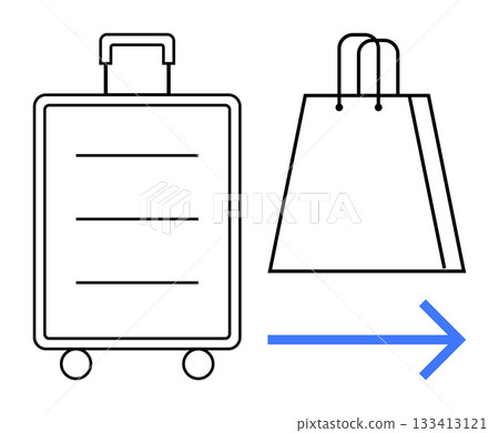 Travel suitcase with wheels alongside a shopping bag and blue arrow pointing right. Ideal for travel, shopping, tourism, logistics, retail, packaging, e-commerce. Line metaphor Travel suitcase with wheels alongside a shopping bag and blue arrow pointing right. Ideal for travel, shopping, tourism, logistics, retail, packaging, e-commerce. Line metaphor 133413121