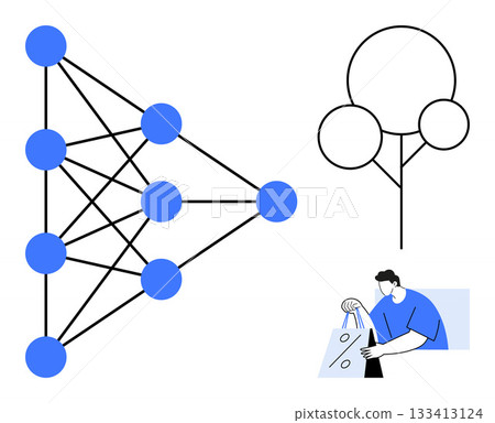 Neural network with interconnected blue nodes, a simple decision tree, and person with shopping bag. Ideal for machine learning, AI, data science, decision-making, retail, technology education Neural network with interconnected blue nodes, a simple decision tree, and person with shopping bag. Ideal for machine learning, AI, data science, decision-making, retail, technology education 133413124