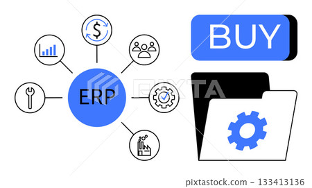 ERP system elements depicted around a central node with icons for finance, human resources, analytics, procurement, and tools, alongside a BUY button and an open folder. Ideal for business process 133413136