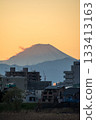 The silhouette of Mt. Fuji and the cityscape in the orange sunset sky seen from the bank of the Tama River 133413163