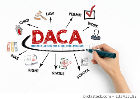 DACA Deferred Action for Childhood Arrivals Concept. Chart with keywords and icons on white 133413182